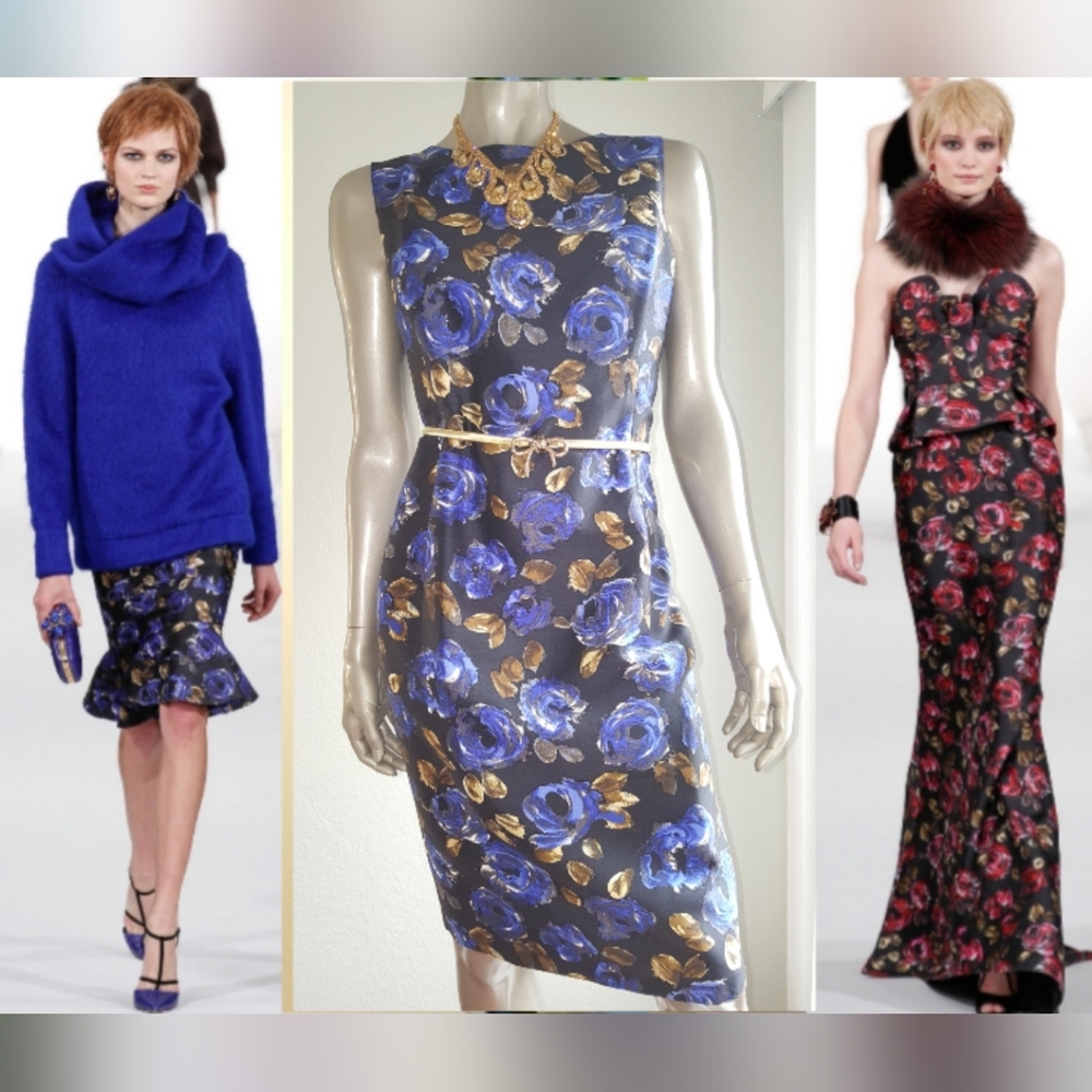 ○$1,890 NEW W. PRICE OSCAR DE LA RENTA BLACK BLUE GOLD FLORAL SILK DRESS US 4 S